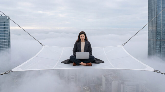 Calm woman working on a suspended platform above the clouds