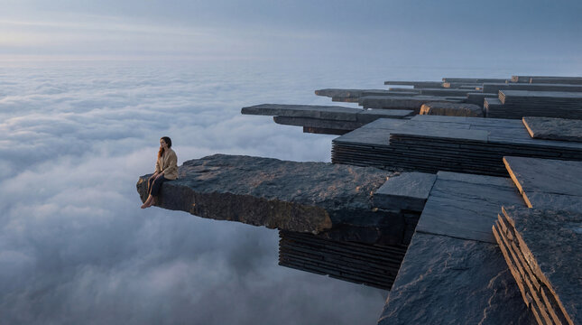 Woman sitting alone on a stone platform above the clouds in a surreal landscape