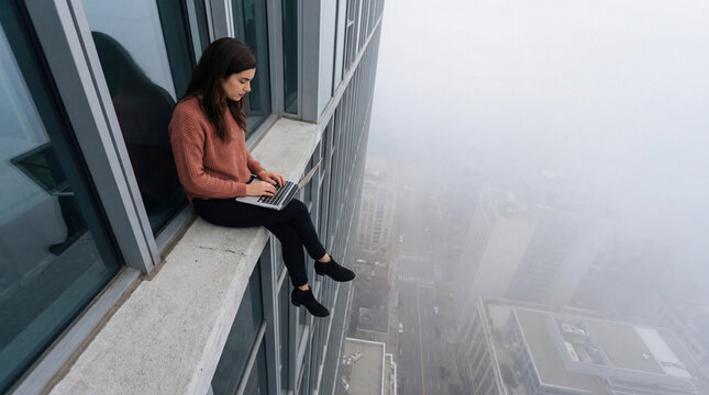 Focused woman working on a laptop on a high-rise ledge above the city