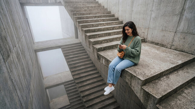 Smiling woman using a smartphone on concrete stairs in minimalist architecture