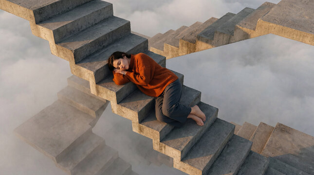 Young woman sleeping on concrete stairs floating above the clouds