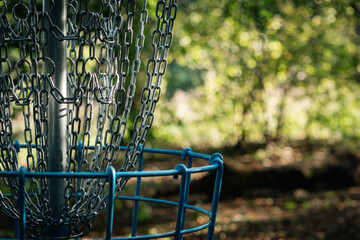 clodeup of a blue discc golf basket in the woods