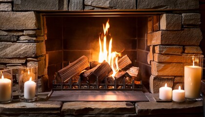 cozy stone hearth with burning stove logs candles and warm glow