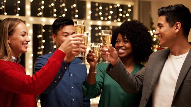 A joyful and diverse group of friends raises sparkling glasses in a celebratory toast, their faces beaming with genuine happiness. Set against a warm, softly blurred background of twinkling lights, th
