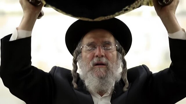 Devotion and tradition: Close-up of Jewish man praying with raised Torah