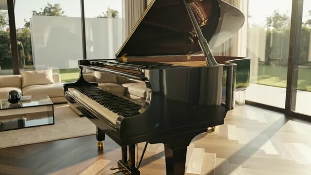 A magnificent, highly polished grand piano takes center stage in a sun-drenched, contemporary living room. The sleek black instrument, with its lid elegantly propped open revealing the intricate keys  - Powered by Adobe