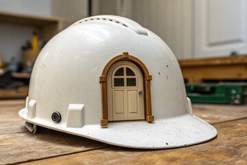 A white hard hat with a small house on top of it