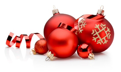 Christmas red decoration baubles and curling paper ribbon isolated on white background