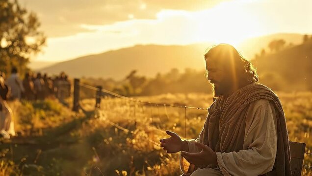 Jesus Christ Preaching to Followers in a Golden Sunset Landscape.