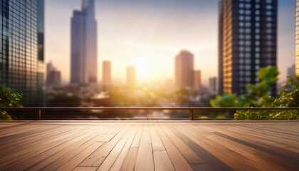Fototapeta premium empty tabletop urban modern building blurred city background bright sunlight contemporary architecture copy space peaceful atmosphere