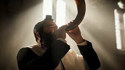 Man blowing a shofar in a synagogue during a religious ceremony.