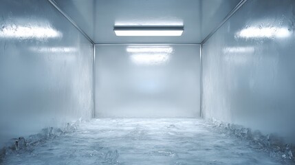 Empty cold room with walls and floor covered in ice and frost.