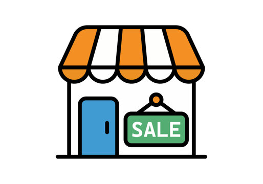 Icono de una tienda peque&ntilde;a con toldo naranja y cartel de rebajas sobre fondo blanco
