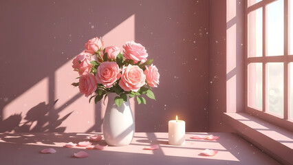 Soft pink roses in a white vase on a windowsill with a lit candle