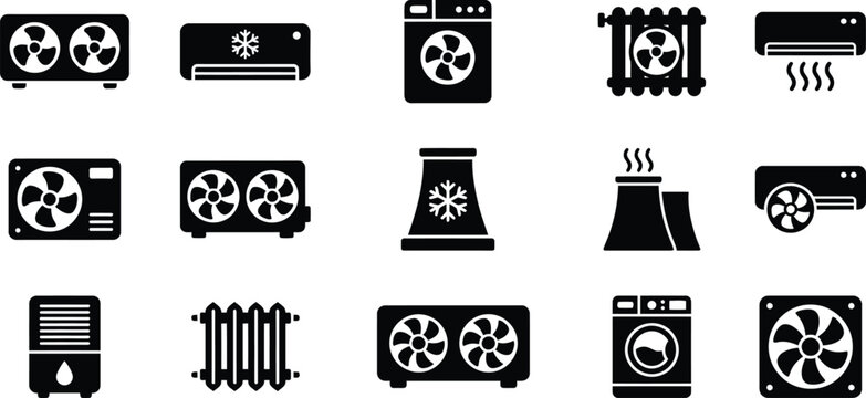 Collection of black silhouette icons representing various climate control systems including air conditioners fans humidifiers and industrial cooling towers for HVAC concepts