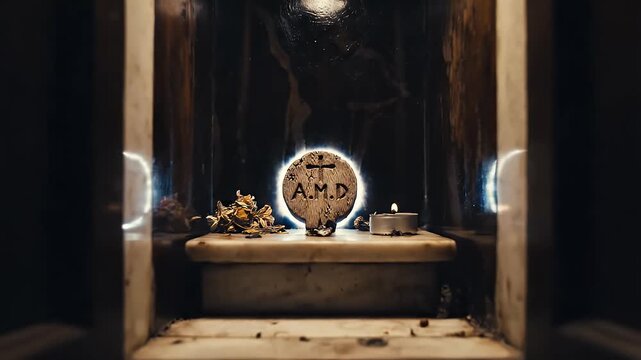 A dimly lit alcove reveals a circular emblem with text and a cross.