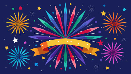 Colorful fireworks on the night sky create a bright vector illustration for a New Year festival celebration with stars and light patterns
