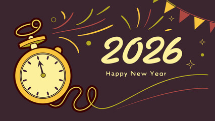 A gold vector illustration of a new year clock design for a happy holiday celebration card featuring business deadline text 