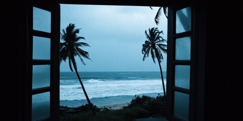 A Stunningly Beautiful and Serene Coastal View Through an Open Window Framed by Tall Palm Trees