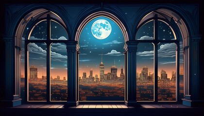 view of a silhouetted cityscape and full moon through an arched window at night
