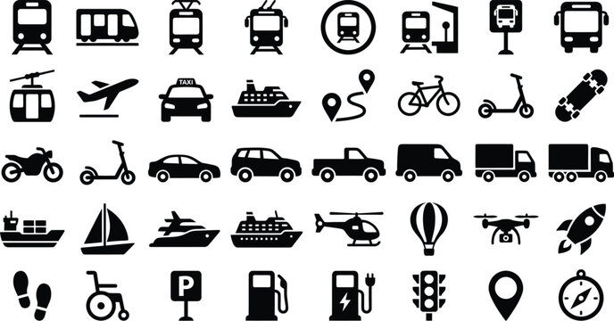 Transportation Travel Line Icons Vector Set &ndash; Car  Train Airplane Ship Bus Bike Taxi Road Rail Air Sea  Vehicle Mobility Map Outline Icon Pack UI Web App