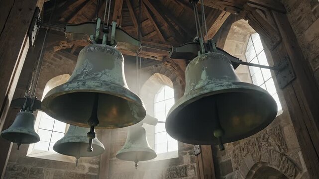 Intricate view of church bells hanging from the ceiling, historical architecture.