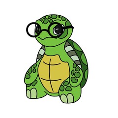 Obraz premium Cute green turtle cartoon character with round black glasses sitting calmly on a white background.