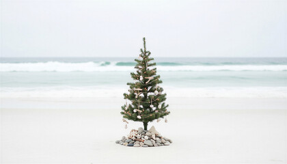 Christmas tree on the beach in Australia decorated with garland, ocean waves in the background
