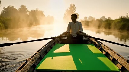 Man Rowing Boat on Serene River at Sunrise.