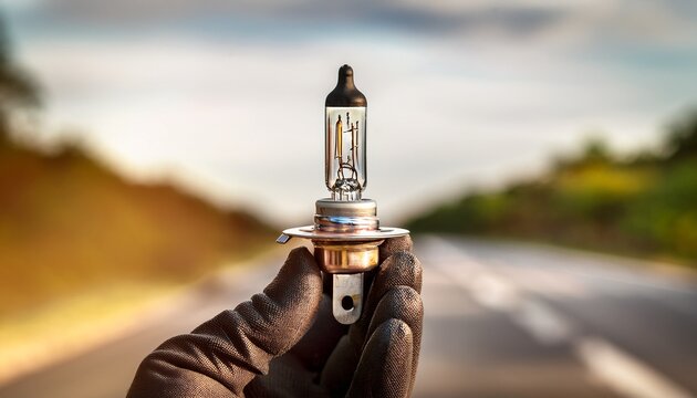close up of a car headlight bulb held in a hand