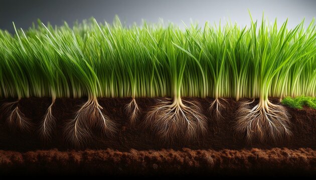 detailed photorealistic cutaway showing grass roots and soil layers beneath the surface of a healthy lawn