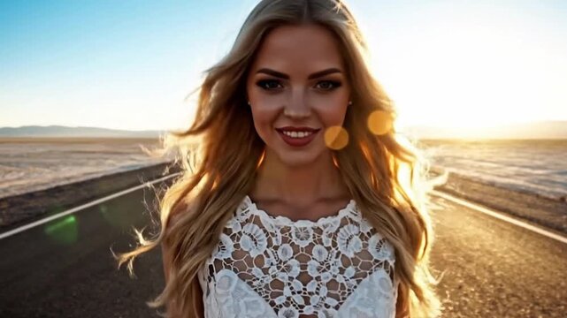 A radiant young woman with flowing blonde hair walks confidently down a seemingly endless, solitary road, directly towards the camera, bathed in the warm glow of a golden hour sunset. Dressed in a bea