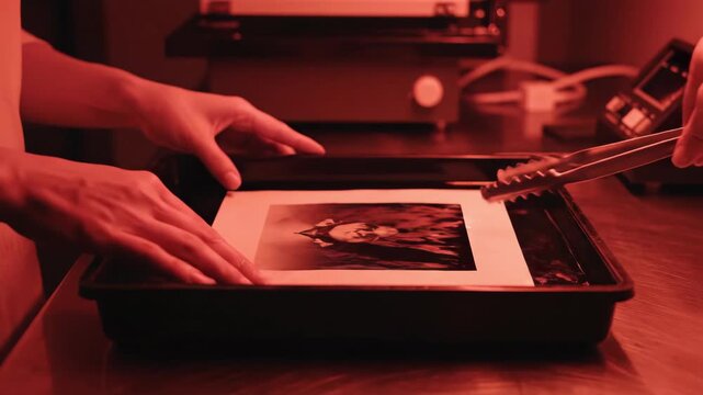 Hands carefully manipulate a striking print on a black tray, surrounded by artistic tools in a warmly lit studio, embodying the fusion of technology and creativity during the process.