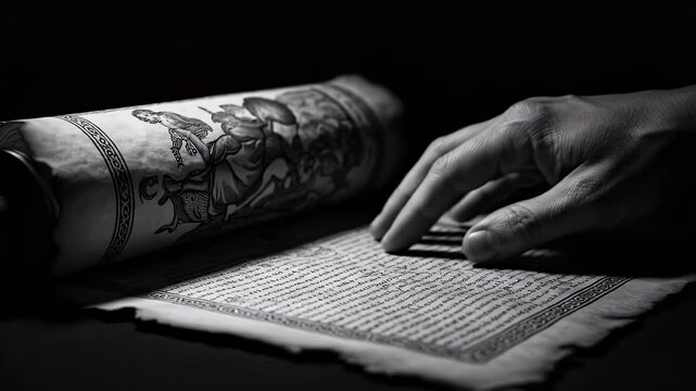 Ancient Manuscript Unveiled - A Hands Touch on Historical Parchment.