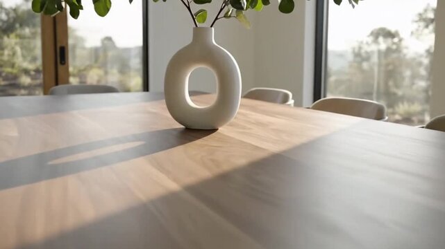 A serene and brightly lit modern dining room showcases a long, elegant wooden table, perfectly set for everyday living or special occasions. Natural sunlight streams through expansive windows, casting