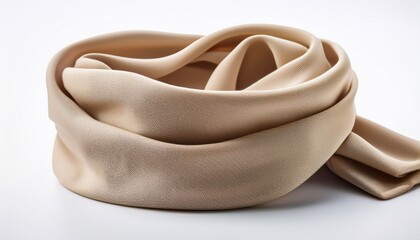 a beige tubular bandana or neck gaiter is crumpled and posed on a white background perfect for protection from the cold wind or sun du outdoor activities