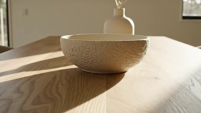 A serene and minimalist interior scene bathed in warm, natural sunlight, casting beautiful shadows across a light-toned wooden table. The focal point is an elegantly textured, earthy bowl, perfectly c