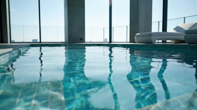 A serene indoor swimming pool glistens with crystal-clear blue water, reflecting sunlight through expansive floor-to-ceiling windows. Beyond the modern architecture, a distant urban skyline hints at a