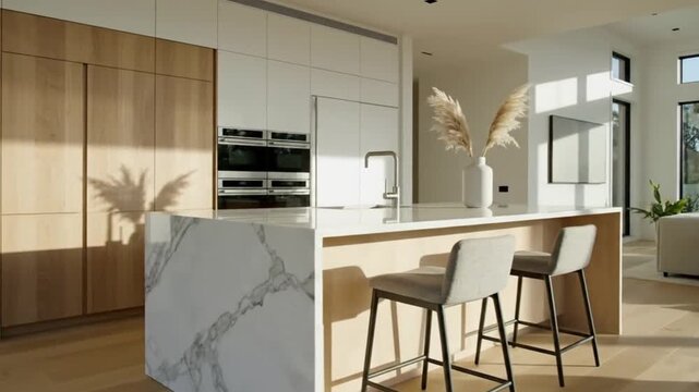 A sleek, modern kitchen interior is beautifully illuminated by warm natural light, creating striking shadows that dance across the surfaces. The focal point is a pristine kitchen island featuring a lu
