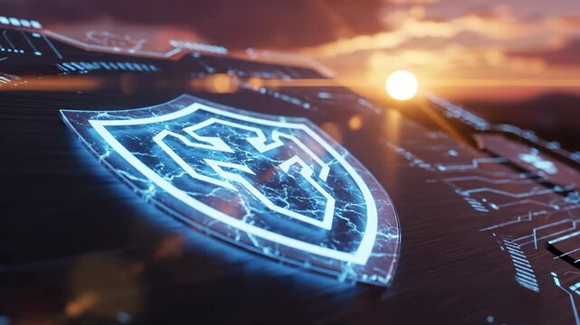 A digital shield logo glows against a sunset backdrop, emphasizing protection and strength. The vibrant sunset and shield create an engaging atmosphere in the digital landscape.