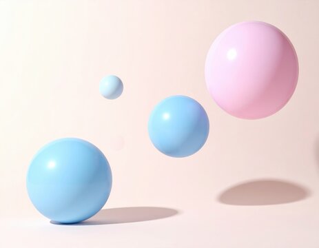 Multiple pastel colored spheres in varying sizes float playfully against a light pink background creating a gentle abstract composition with soft shadows
