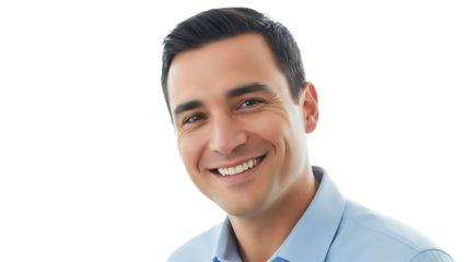A smiling man in a light blue shirt on transparent background