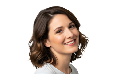 A smiling young woman with brown hair on transparent background