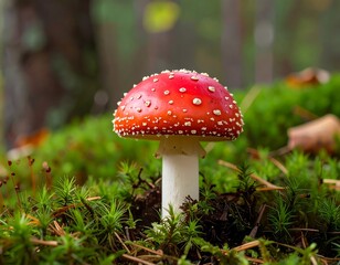 A vibrant red-capped mushroom with white spots sits atop lush green moss in a natural forest setting