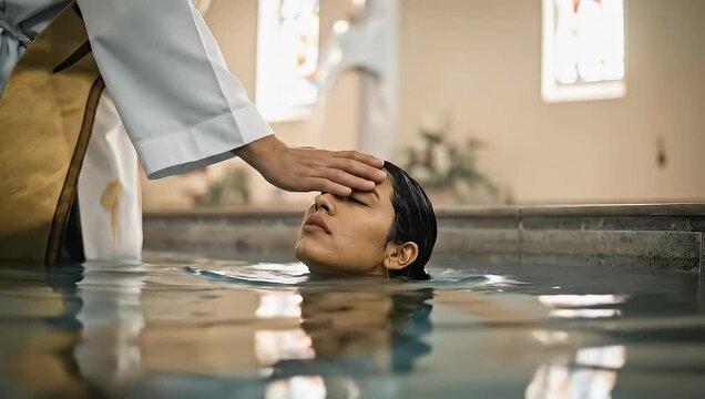 A person being baptized in a pool of water with a hand on their head.