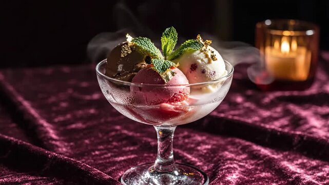 A tempting dessert features colorful sorbet served in a crystal glass. With mint leaves and golden garnishes, this treat is enhanced by soft candlelight and a mysterious fog.