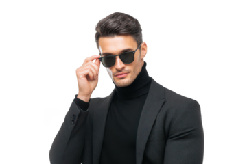handsome man wearing a black turtleneck and sunglasses