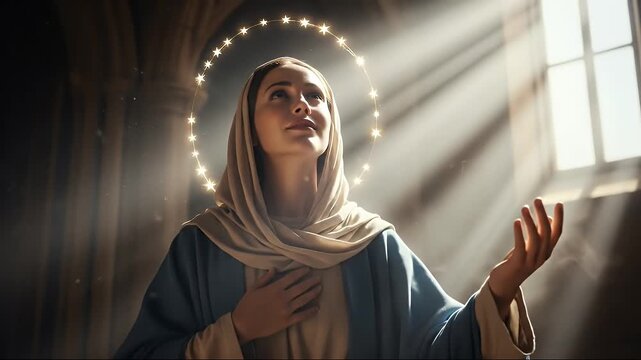 A serene depiction of a woman with a halo, bathed in heavenly light, looking upwards.