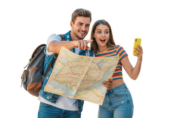 Fototapeta premium young caucasian couple (denim vest, striped crop) pointing at an antique map and smartphone in a scenic coastal town; blurred white architecture background, high-key lighting. Concept of spontaneous