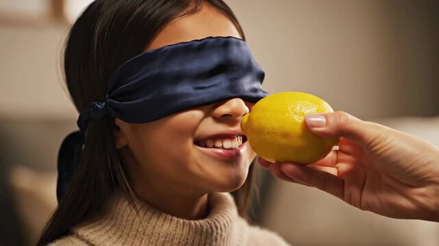 In a warm living room, a cheerful girl, blindfolded, eagerly tastes a lemon while laughing. Friends and family watch her delightful reactions, creating fun memories together.